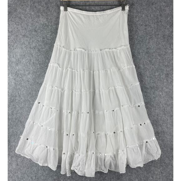 Kaktus Tiered Maxi Skirt Womens Small White Embellished Boho Cottage Gypsy Fairy - Picture 1 of 16